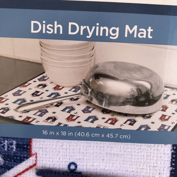 NAUTICAL Dish Drying Mat Reversible 16" X 18" NAUTICAL ICONS 100% Polyester - Picture 2 of 5